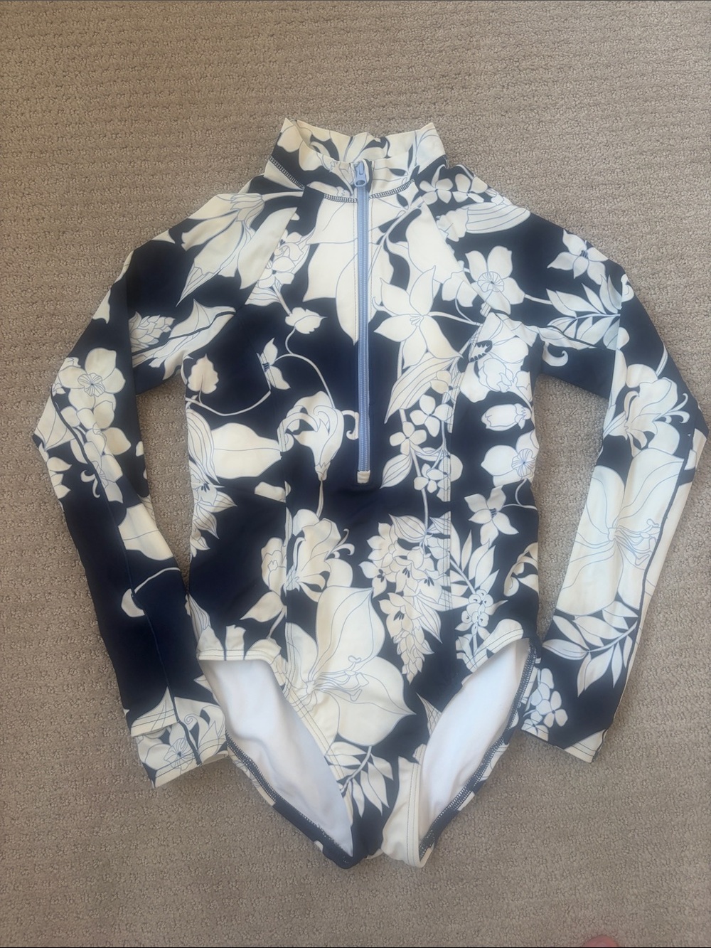 Lands' End Black and White Floral Long-Sleeve One-Piece Swimsuit